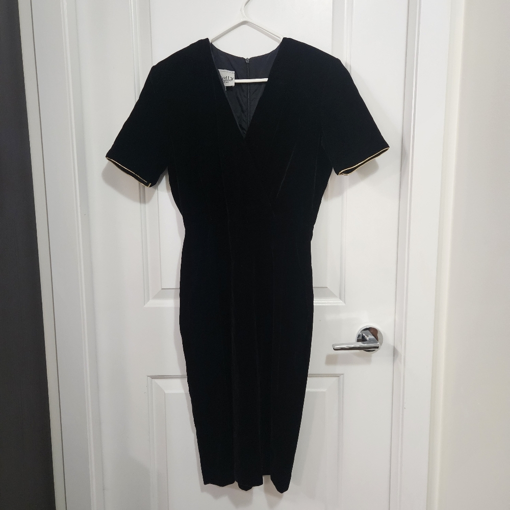 Vintage Kim Kelly Petites Elegant Black Velvet Dress with Gold Trim